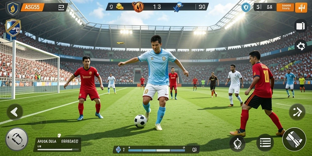 Tangkapan layar utama menunjukkan aksi mendebarkan dalam ASG55 saat pertandingan sepak bola.