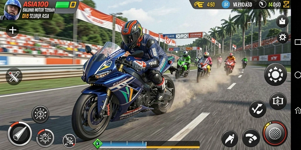 Tampilan gameplay ASIA100 yang mendebarkan saat balapan motor.