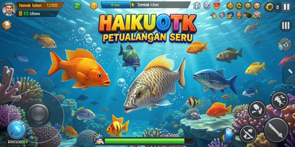 Screenshot gameplay HAIKUOTK dengan berbagai ikan yang menunggu untuk ditembak.