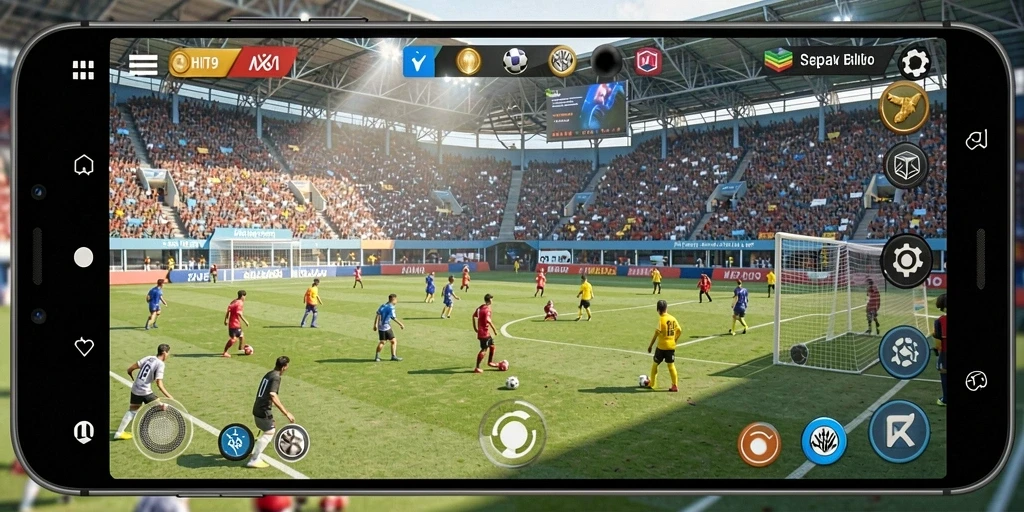 Tangkapan layar gameplay HIT9 menampilkan aksi nyata pertandingan sepak bola.