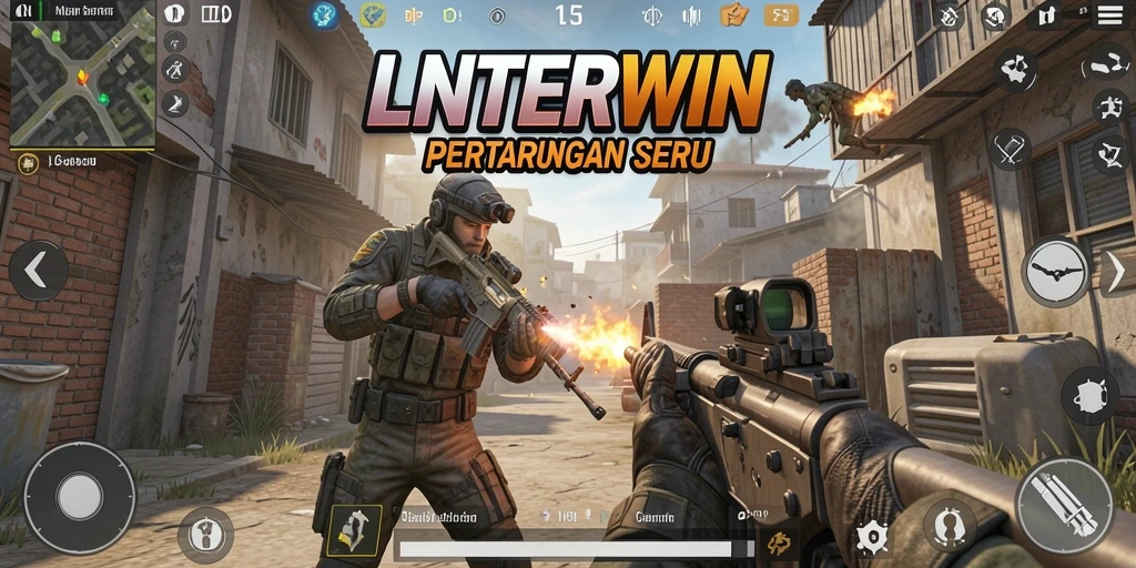 Gameplay LNTERWIN menampilkan pertarungan seru dalam pertempuran FPS.