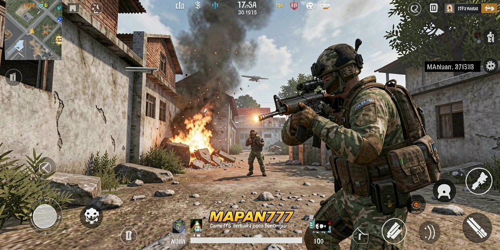 Screenshot gameplay MAPAN777 yang menampilkan pertarungan seru di arena FPS.