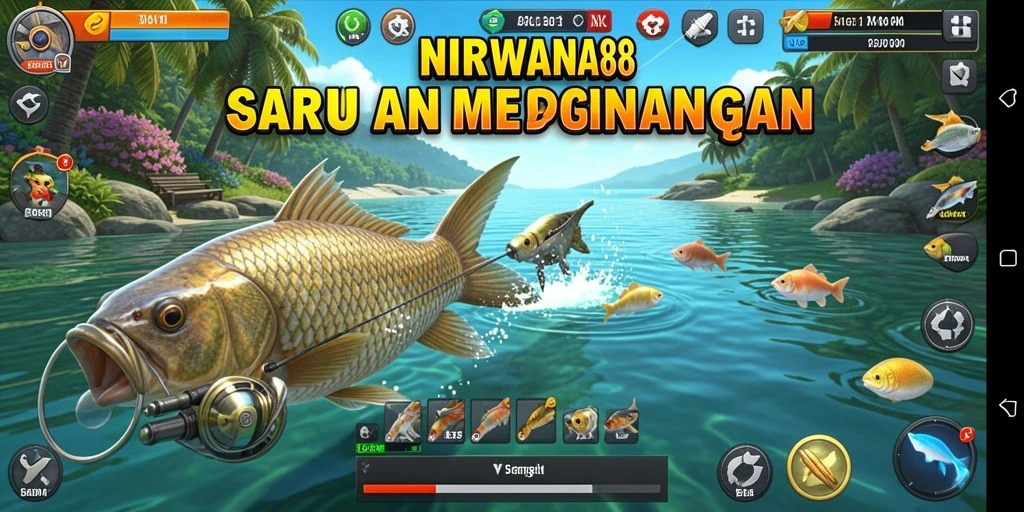 Tampilan gameplay NIRWANA88 saat menangkap ikan di lokasi indah.